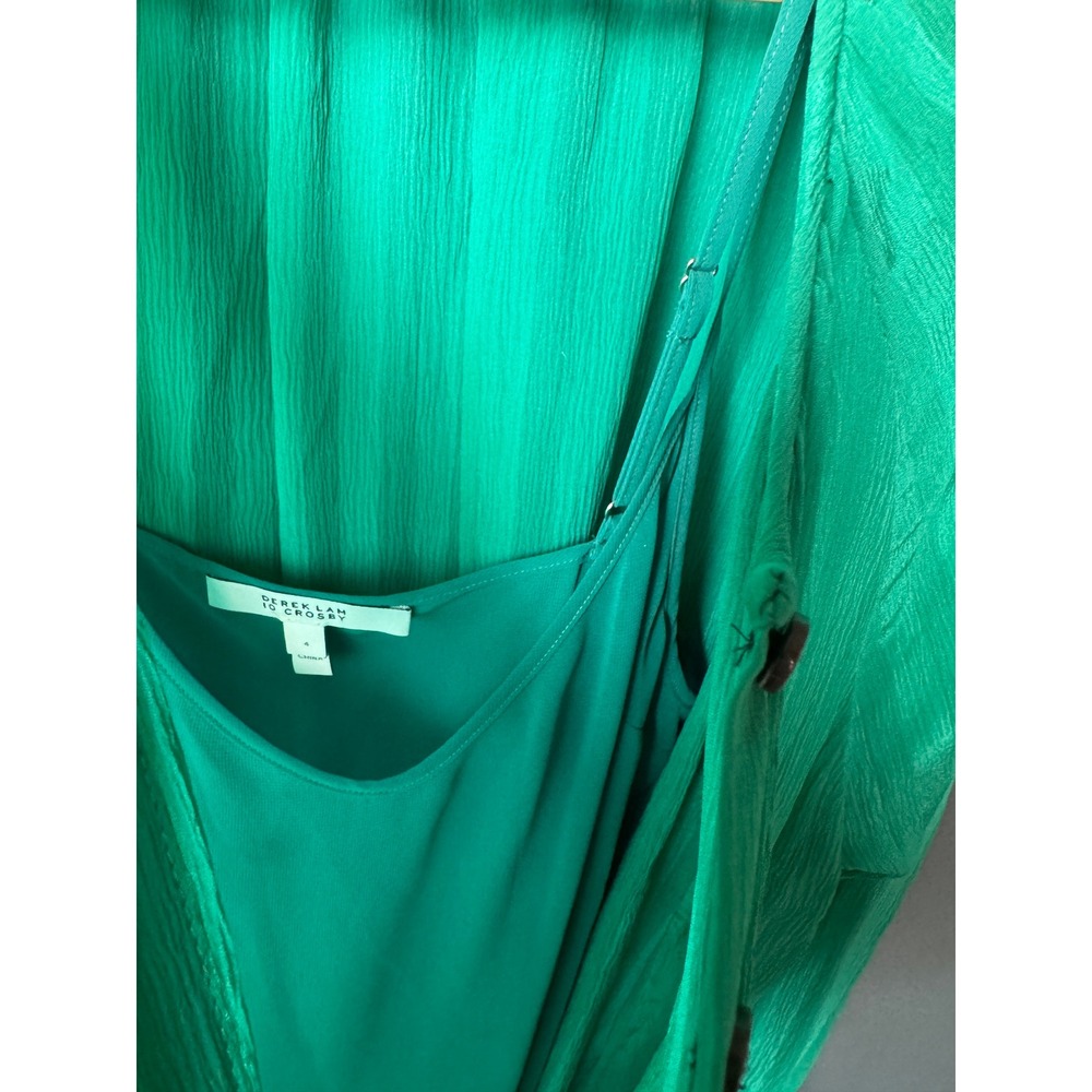 Derek Lam 10 Crosby 100% Silk Green Tiered Mini Dress Smocked Sleeves Size 4 - Picture 6 of 9